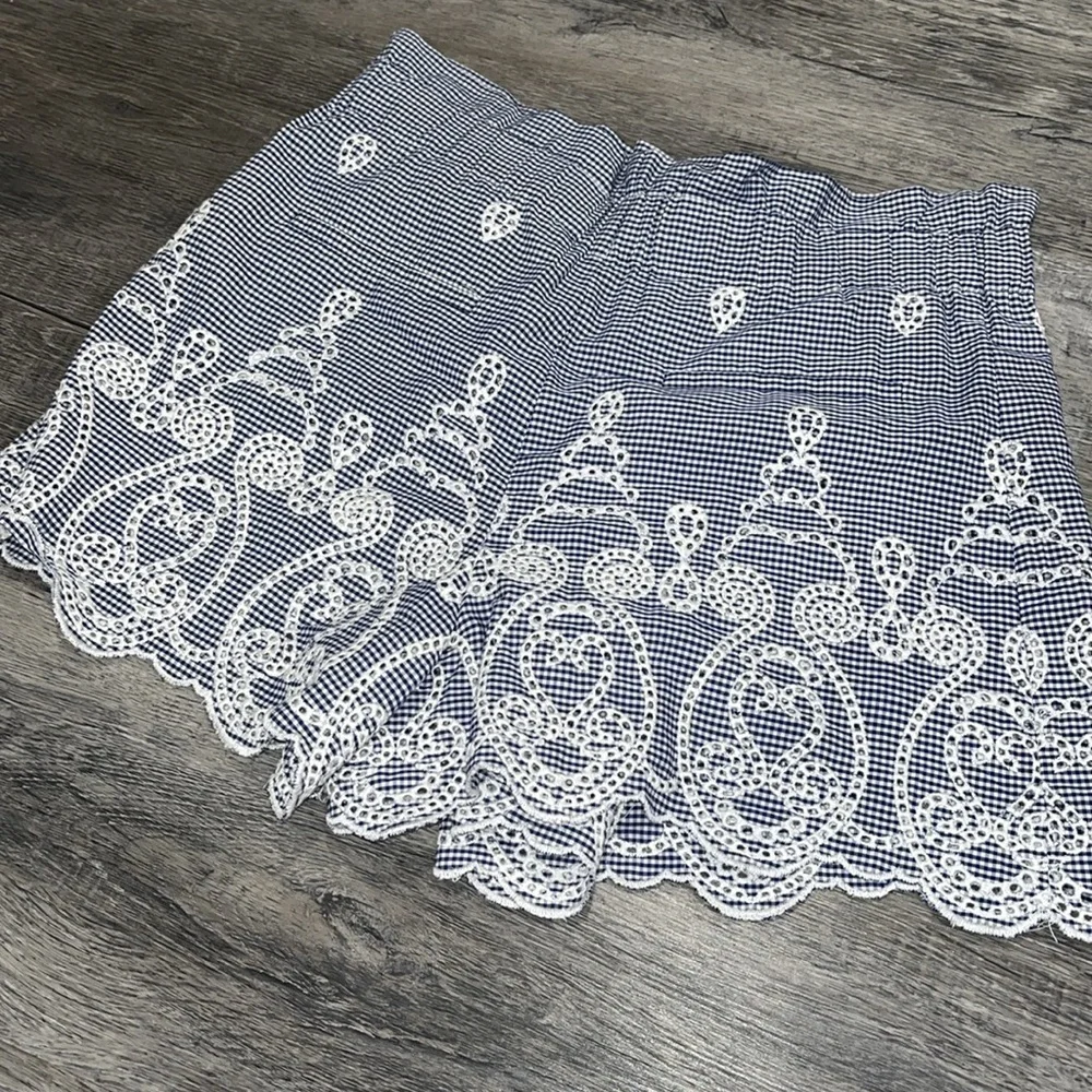 Zara Blue and White Gingham high waisted eyelet embroidered Shorts - small